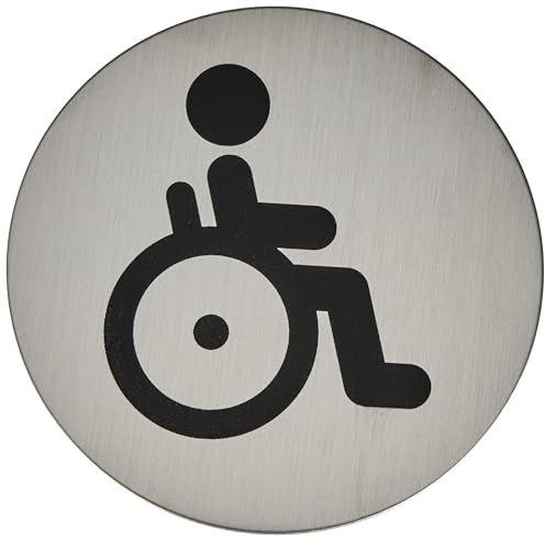 Durable Türschild Picto rund, Behinderten-WC, 83 mm, metallic silber, 490623 | Edelstahl Hinweisschild, kratzfester Druck, selbstklebend mit Klebe-Pad, Ø 83 mm, für Innenbereiche, Made in Poland