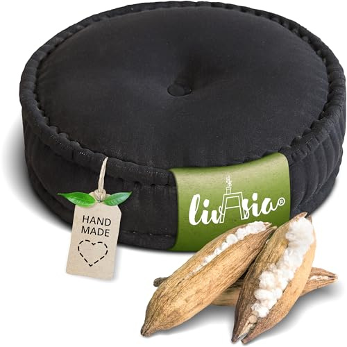 livasia Meditationskissen - Ø 45x15cm - Pouf einfarbig, Yogakissen mit Kapokfüllung, Bodenkissen Yoga und Zen Meditation, Sitzkissen für Garten und Balkon, Zafukissen handgefertigt (Schwarz Uni)