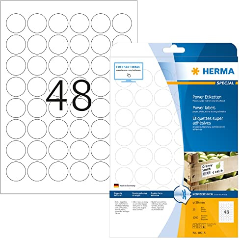 HERMA 10915 Power Etiketten rund, 25 Blatt, Ø 30 mm, 48 pro A4 Bogen, 1200 Stück, selbstklebend, bedruckbar, extrem stark haftend, blanko Papier Klebeetiketten Aufkleber, weiß