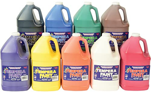 Constructive Playthings Washable Tempera Paint Set for Kids, Classroom Painting Supplies, One Gallon, Multicolor, Pack of 9
