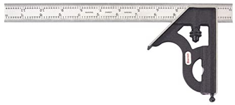 Starrett Stahl-Kombinationswinkel mit quadratischem Kopf – 30,5 cm Klingenlänge, Gusseisenkopf, gehärteter Stahl, umkehrbare Schlossschraube, Anreißer, 4R-Graduierungstyp – C11H-12-4R