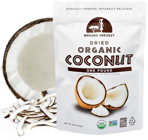 Mavuno Harvest Coconut Chips Dried Fruit Snack | Unsweetened Organic Dried Coconut Strips | Gluten Free Snack | Healthy Snacks for Kids & Adults | Vegan, Non GMO, Direct Trade | 1 Pound Resealable Bag