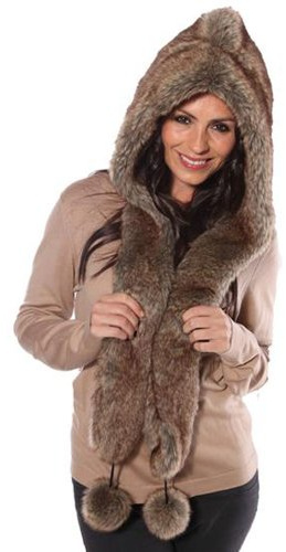 Womens Faux Fur Hooded Scarf With Pom Poms Winter Thermal Hat 57cm Taupe