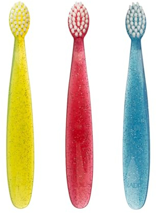 RADIUS Children's Toothbrush, Totz Brush, Extra Soft Bristles, Blue/Coral/Yellow, BPA Free & ADA Accepted, Designed for Delicate Teeth & Gums for Children 18 Months & Up, Pack of 3