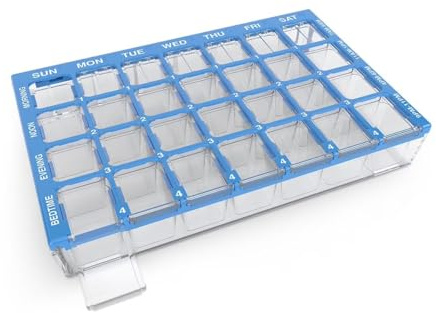 Ezy Dose Weekly (7-Day) Pill Case, Medicine Planner, Vitamin Organizer Box, Small Compartments with Easy Fill Tray, 4 Times a Day, Clear Lids, Color May Vary, BPA Free