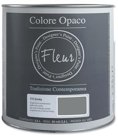 FLEUR DESIGNER'S PAINT | Pittura Chalk Paint Opaca, 2,5 L, Senza Carteggiare, Multisuperficie, Colore F75 Smoky, Effetto Gesso, Per Pareti e Mobili, Extra Opaco, Ad Acqua, Made in Italy