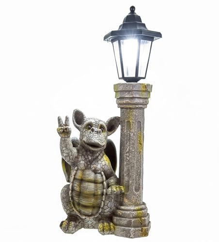 Kremers Schatzkiste Drachenkind Peace Gartenfigur mit Solar LED Laterne 44x23 cm – handbemalt, wetterfest, mit Dämmerungssensor – dekorative Solarleuchte für Garten & Terrasse