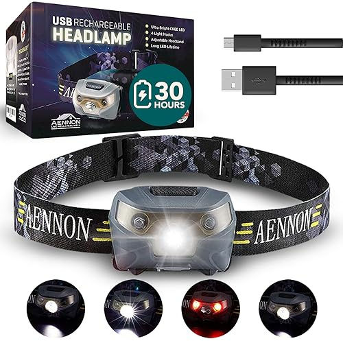 AENNON Rechargeable Head Horch - 220 Lumens, 150m Vision, 30 Hour Battery - Waterproof LED Head Torch Battery Powered - Best for Camping, Running, Hiking