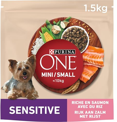 Purina ONE Mini 10 kg foder för liten hund med känslig matsmältning, delikat med lax och ris, påse på 1,5 kg