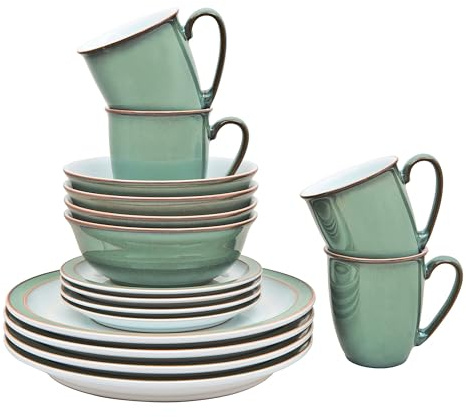 Denby - Regency Green Dinner Set For 4 - 16 Piece Ceramic Green, White Tableware Set - Dishwasher Microwave Safe Crockery Set - 4 x Dinner Plates, 4 x Small Plates, 4 x Cereal Bowls, 4 x Mugs