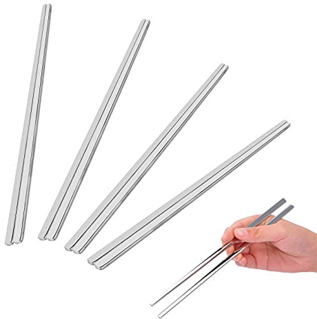 EQLEF Stainless Steel Chopsticks, 23cm Length (4 Pairs, Silver, Solid, Dishwasher Safe)