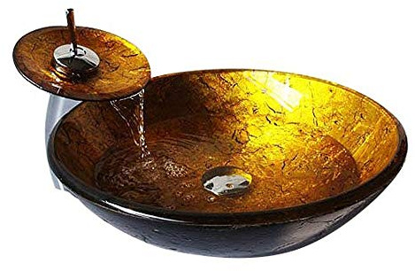 HomeLava Modern Waschbecken Set Rund Gold Gehärtetes Glas Aufsatz Waschschale mit Wasserfall Wasserhahn