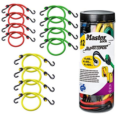 MASTER LOCK Bungees with Hooks [Set of 12 Bungee Cords] [4 * 60 cm + 4 * 80 cm + 4 * 100 cm] [Double Reverse Hook] 3107EURDAT - Ideal for Transporting, Packing and Securing Loads