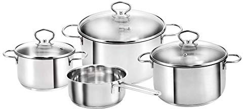 KOPF ensemble de pots en acier inoxydable Merkur - pots à induction avec bord verseur, échelle de litres et couvercle en verre - 4 pièces