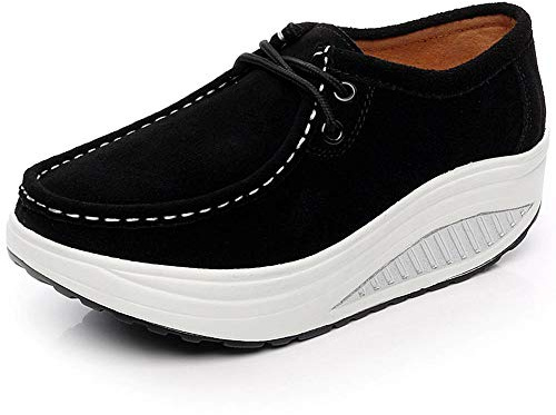 rismart Donna Comodo Piattaforma Cuneo Scamosciato Pelle Addestratore Sneaker Nero 38 EU