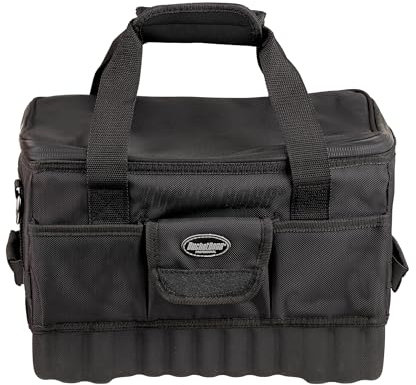 Bucket Boss Pro Racer 14 in. Tool Bag with Heavy-Duty Waterproof Racetrack Zipper, Waterproof Molded Rubber Bottom, 16 Total Pockets, Molded Padded Shoulder Strap, in Black, 66014