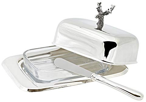 Edzard Hirschbutterdose für 250 g Butter, 13 x 18 cm, silber, hochglanzpoliert, mit Glaseinsatz, mit Buttermesser im Lieferumfang enthalten.