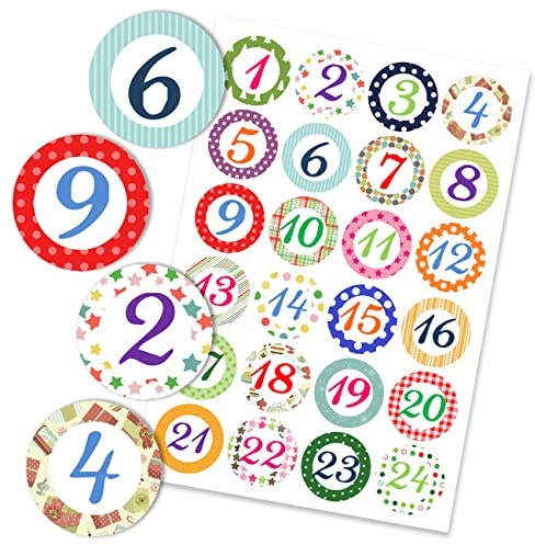 Papierdrachen 24 pegatinas de números del calendario de Adviento - motivos navideños nº 03 - pegatinas 4 cm - para manualidades y decoración