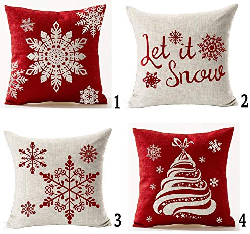 Andreannie Set of 4 Throw Pillow Cover Christmas Beige Shadow Let It Snow Snowflakes Red Cotton Linen Throw Pillow Case Cushion Cover for Sofa Bed Couch Home Decor Square 18 X 18 Inches(Blood Red)