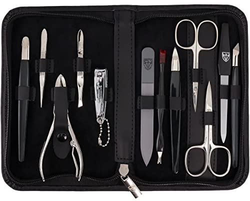 Drei Schwerter - 12-tlg. Nagel Set 'Palermo' | Hochwertiges Maniküre und Pediküre Reise-Etui-Set: Echt Leder Schwarz | Inhalt: 12 Instrumente inkl. Nagelschere, Nagelknipser, Glasfeile etc.