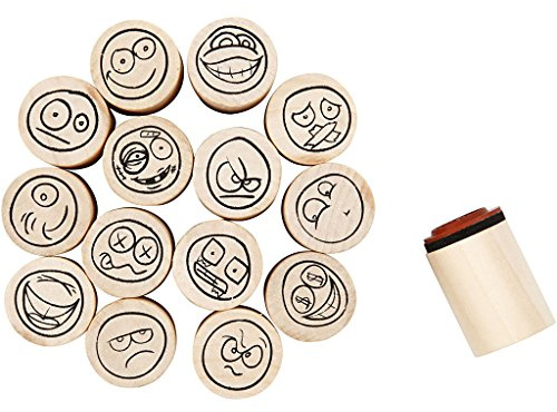 Stempel-Set Smiley, 15 Stück sortiert Ø 2 cm, Holzstempel Motiv-Stempel