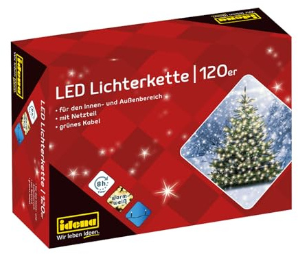 Idena 8325097 - LED Lichterkette mit 120 LEDs in Warmweiß, mit 8 Stunden Timer Funktion und Transformator, ca. 19,9 m lang, Deko für Innen & Außen, als Party Deko, Weihnachtsdeko, zur Hochzeit