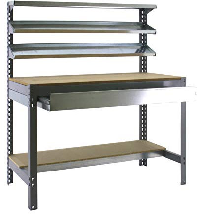 Simon Rack Banco de Trabajo Taller, Capacidad Carga 600 kg, 1445x1510x760 mm, Mesa de Trabajo, 1 Cajón, Gris/Madera - BT1
