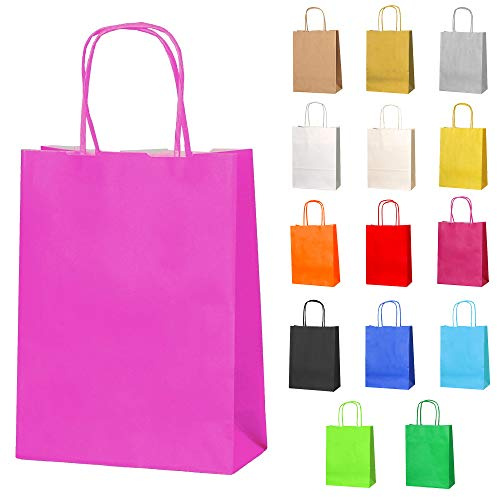 Thepaperbagstore 50 Rosa Kleine Papiertüten mit Henkel 18 x 22 x 8 cm | Farbige, recycelbare Kraftpapiertüten für Süßigkeiten, Geschenke, Hochzeiten, Partys & Events.