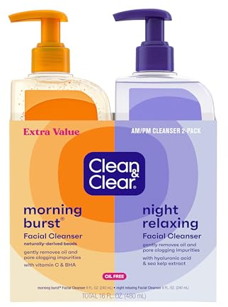 Clean & Clear 2-Pack Oil-Free Facial Cleansers with Citrus Scent, Morning Burst and Night Relaxing, 16 oz