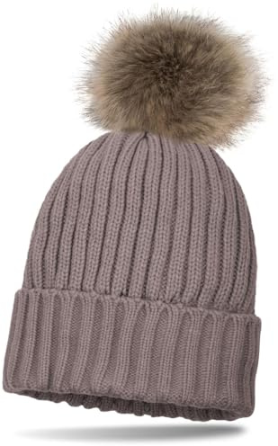 styleBREAKER Stickad mössa för barn, med pärlribbmönster, foder och termofleece, vinterstickad mössa med fuskpäls, tofs 04024031, toupe, one size