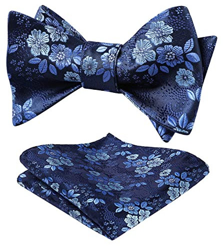 HISDERN Herren Floral Self Fliege und Einstecktuch Set Hochzeitsfeier Zubehör Navy blau