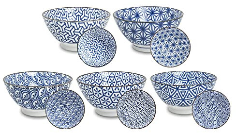 AAF Nommel®, Matcha - Reisschalen 5-er Set Japan Porzellan Schale blau weiss verschiedene Retro Designs
