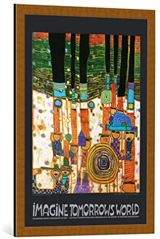 kunst für alle Bild mit Bilder-Rahmen: Friedensreich Hundertwasser Stell dir die Welt von Morgen vor orange - dekorativer Kunstdruck, hochwertig gerahmt, 59x84 cm, Kupfer gebürstet