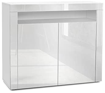 Vladon Kommode Valencia, Made in Germany, Sideboard mit 2 Türen und 1 offenem Fach, Weiß matt/Weiß Hochglanz/Weiß Hochglanz (108 x 92 x 40 cm)