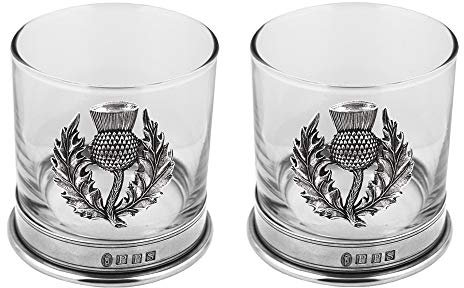 English Pewter Company Glass Whisky Tumbler Set with Thistle and Pewter Base [SG706]