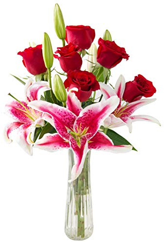 KaBloom - Adore Her Mixed Bouquet of Farm-Fresh Red Roses and Pink Lilies with Vase - Fresh Flowers for Birthday, Valentine's & Mother's Day