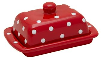 UNGARNIKAT - Butterdose Keramik - Landhaus Vintage Butterglocke und Butterschale - 250g - Rot mit handbemalten weißen Punkten - Butterschale mit Deckel und Griff - Spüllmaschinenfest