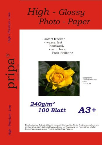 pripa 100 Blatt A 3 + , 480 x 330 mm , 240g , high-glossy glanz - sofort trocken - wasserfest - hochweiß - sehr hohe Farbbrillianz , fuer InkJet - Tintenstrahl -Drucker
