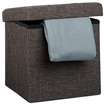 Relaxdays Otomana Plegable, Guarda Mantas Salón, Taburete Puff Lino, Tapa Extraíble, para Pies Sofá, 38x38x38 cm, Marrón
