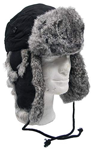 Fellmütze, schwarz, mit grauem,Echtfell, Steppfütterung (L)