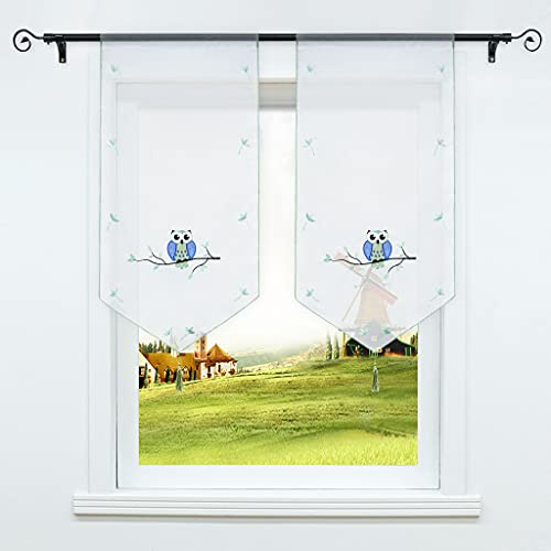 CORLIF Voile Scheibengardine mit Tunnelzug küche transparente Bestickte Bistrogardine mit Quaste Fenster Gardinen Eule Muster BxH 40x60cm Grün 1 Stück
