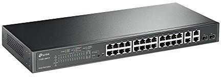 TP-Link TL-SL2428P 24-Port Fast Ethernet Rackmount PoE+ Switch + 4 Gigabit Port(250 Watt, Zentrales Cloud-Management, In Omada-SDN integriert, IPv6-Unterstützung, Sicheres Netzwerk) Schwarz, v4.2
