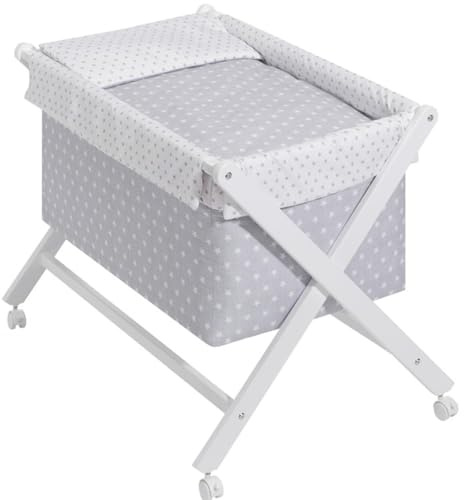 mibebestore Minicuna para Bebe Plegable de Madera con Ruedas Vestidura Colchon Colcha y Edredon Desenfundable 100% Algodon para Recien Nacidos hasta 9 Meses Portatil Diseño Blanco/Gris Estrellitas