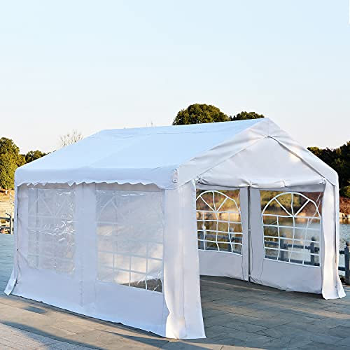 Outsunny Carpa para Fiesta Cochera Gazebo 4x4m Pergola Cenador Pabellón 4 Paneles Laterales 6 Ventanas Anti-UV Impermeable para Eventos Bodas Acero PE Blanco