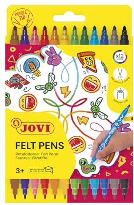 Jovi Doppelfasermaler, dicke und dünne Spitze, Strichbreite: 2,3 mm & 3,6 mm, auswaschbar, eindrücksichere Spitze, Set mit 12 Farben | Strichbreite: 2,3 mm & 3,6 mm, auswaschbar, eindrücksichere Spitze