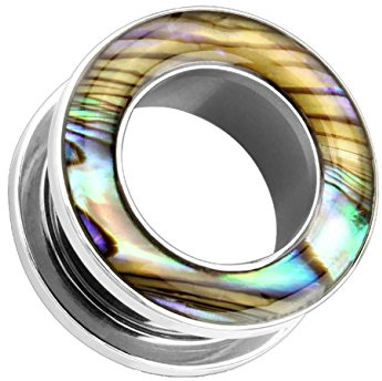 Paula & Fritz® Tunnel mit Schraubverschluss aus Edelstahl Chirurgenstahl 316L von Perlmutt umrandet 5mm – 16mm PSSCR50