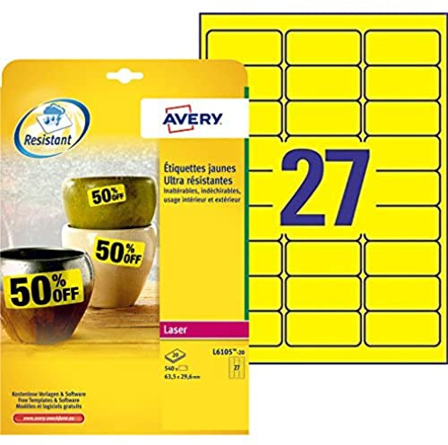 AVERY Zweckform L6105-20 Wetterfeste Folienetiketten (540 Signalaufkleber, 63,5x29,6mm auf A4, extrem stark selbstklebend, wasserfest, strapazierfähig, bedruckbare Outdoor Klebefolie) 20 Blatt, gelb