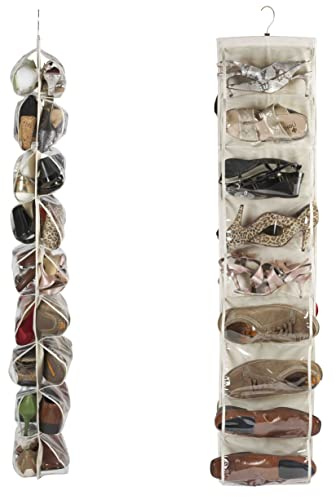 Brilliant Feet G005 - Heavy Duty 18 Pocket Hanging Shoe Organiser 18 Pairs of Shoes - for Wardrobe Rail - Robust Oxford Canvas-Type Material (600D) - Reinforced Clear PVC Pockets - 30 x 137cm - Beige