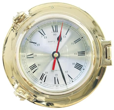 Uhr im Bullauge Messing, Quartzwerk, Ø: 14cm