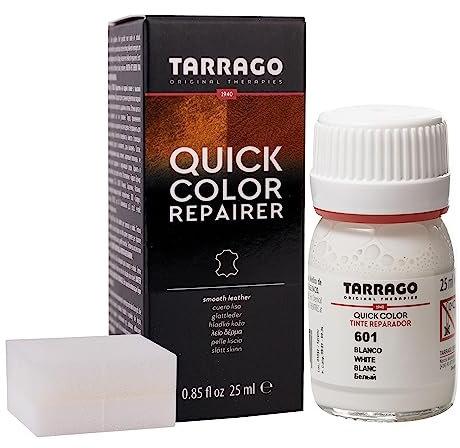 Tarrago | Quick Color 25 ml | Tinte Para Zapatos y Accesorios de Piel, Cuero Liso y Lona | Tintura de Secado Rápido Que Repara y Protege el Calzado de Pequeños Desgastes (Blanco 601)
